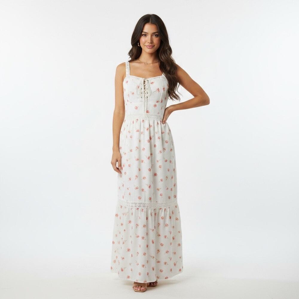 ASOS Floral Crochet Lace Maxi Dress White Orange Floral Cottagecore Vacation 6